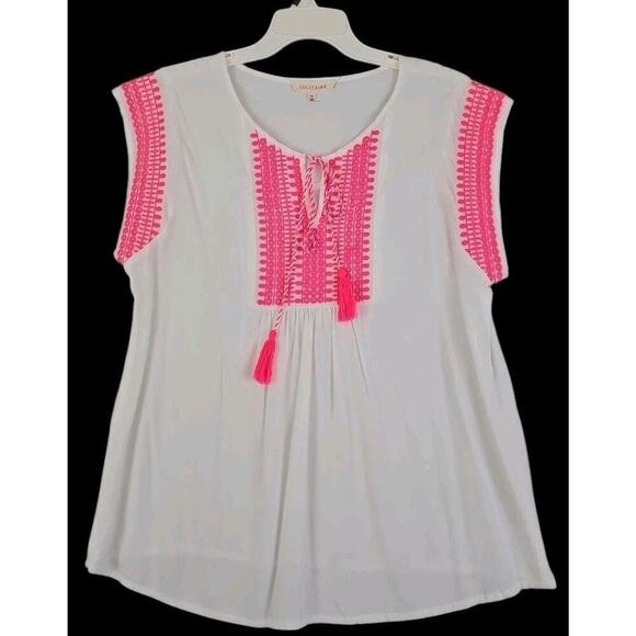 Solitaire ~Woman Size M~ White/Pink Top Sleeveless Embroidered Boho. - Picture 5 of 13